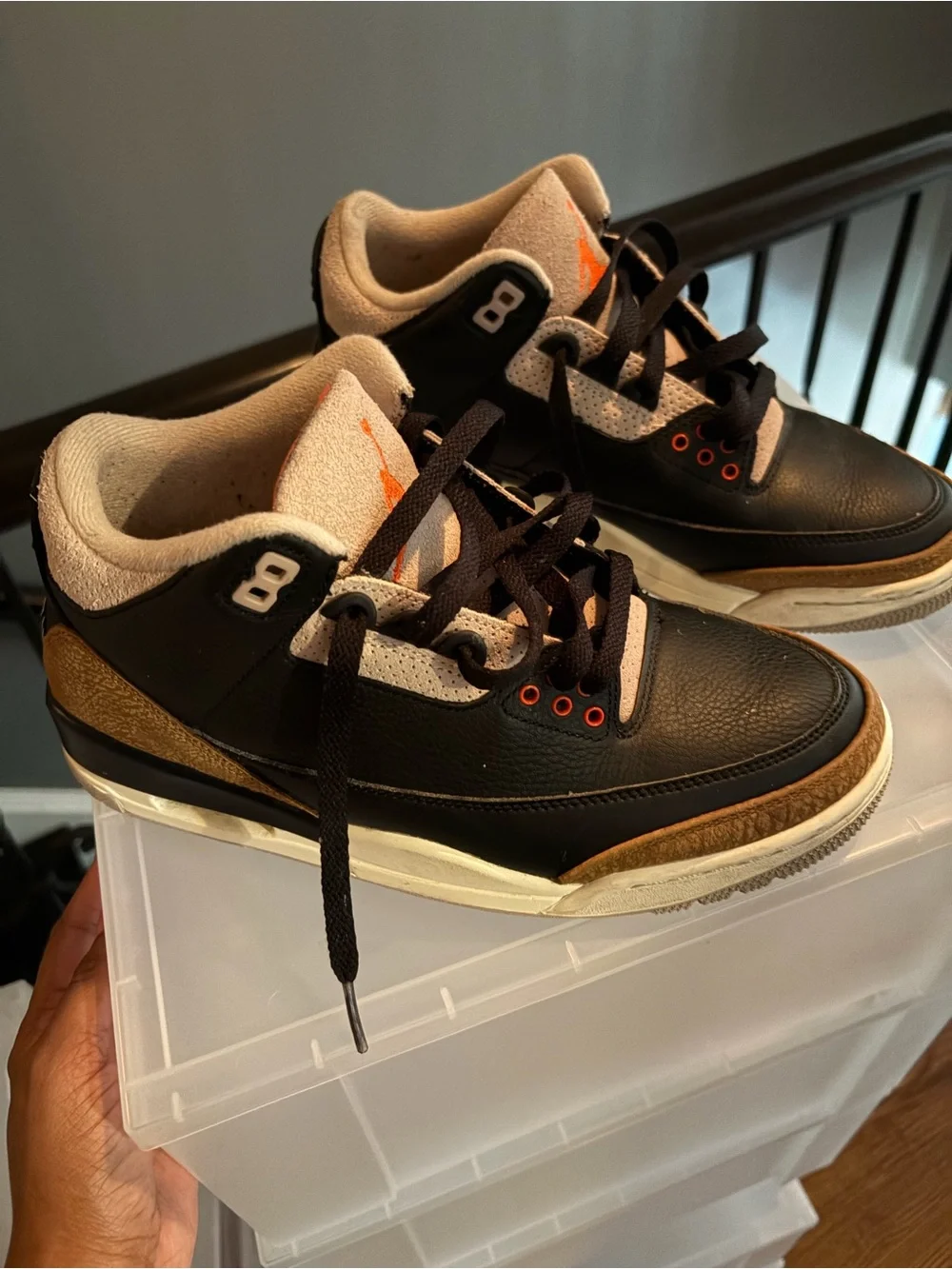 Jordan Men's Black, Brown and Cream Retro Sneakers with Orange Accents
